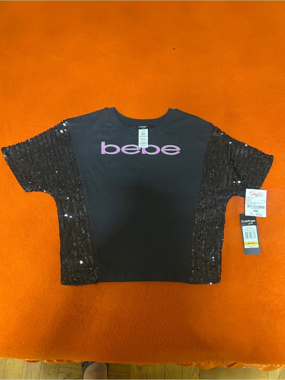 bebe Black Tee with Pink Logo and Sequin Short Sleeves